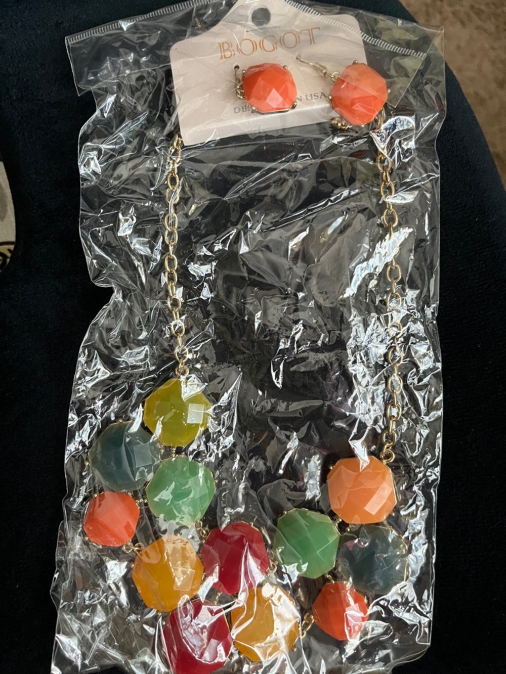 Multicolor Faceted Bead Necklace & Earring Set - Orange, Green, Yellow, Red